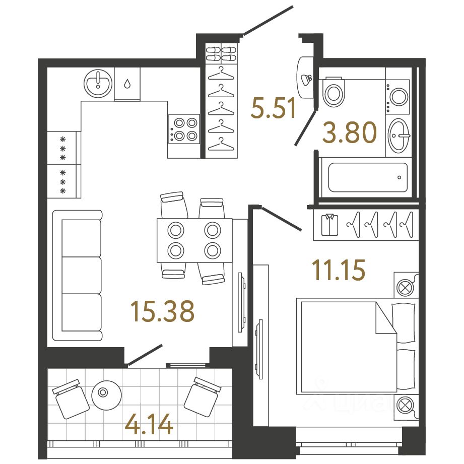 1-комн.кв., 35,8 м², 16/17 этаж