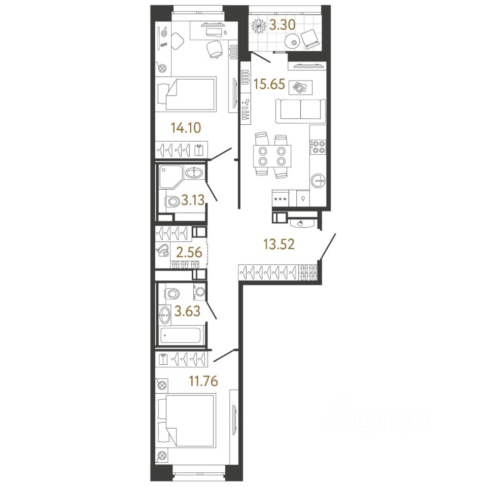 2-комн.кв., 64,3 м², 14/17 этаж