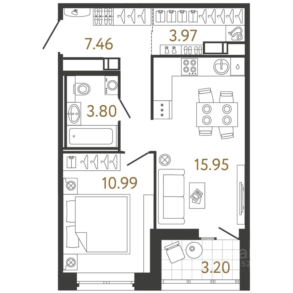 1-комн.кв., 42,2 м², 15/17 этаж