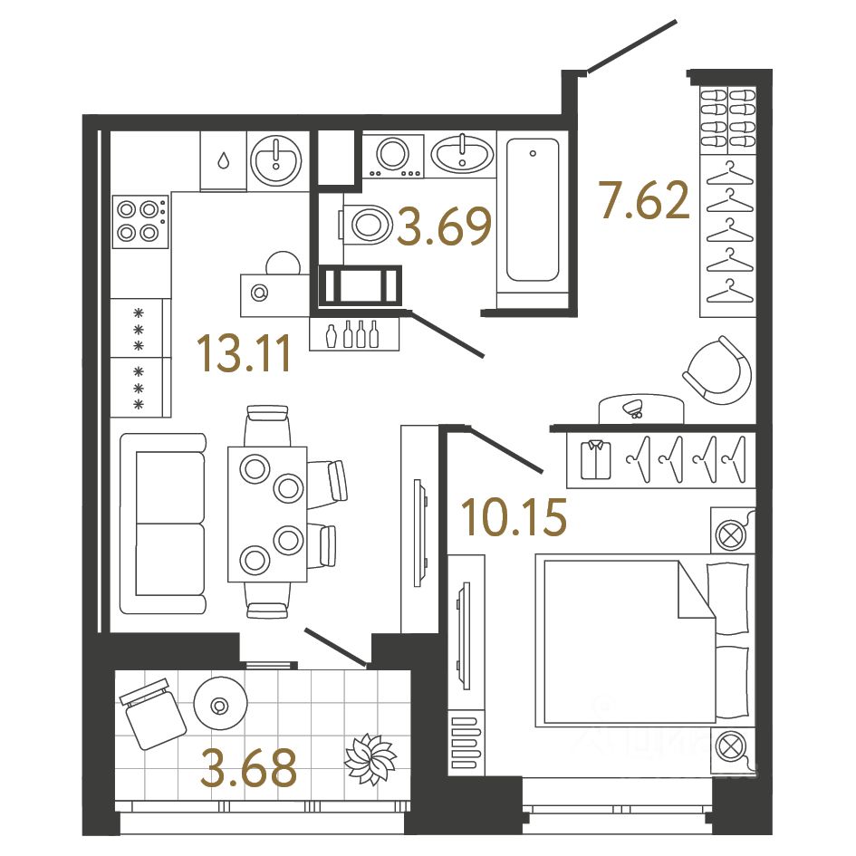 1-комн.кв., 34,6 м², 14/17 этаж
