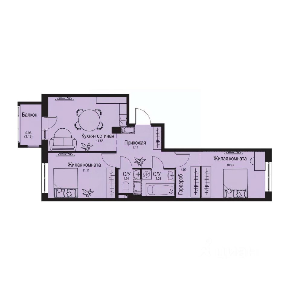 2-комн.кв., 53,6 м², 8/9 этаж