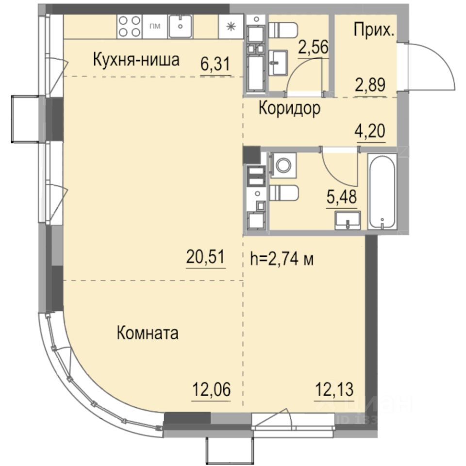 Студия, 66,2 м², 6/23 этаж
