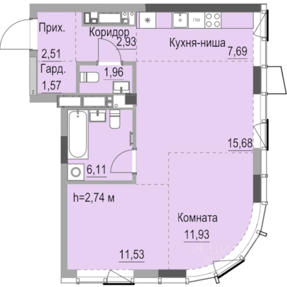 Студия, 64,6 м², 15/23 этаж