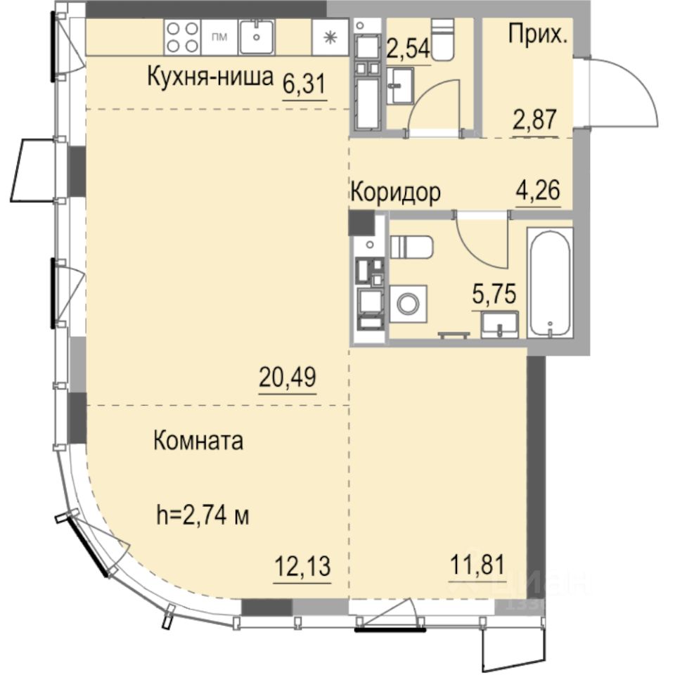 Студия, 69 м², 17/23 этаж