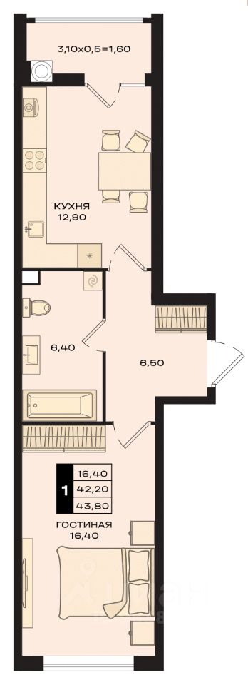 1-комн.кв., 43,4 м², 10/22 этаж