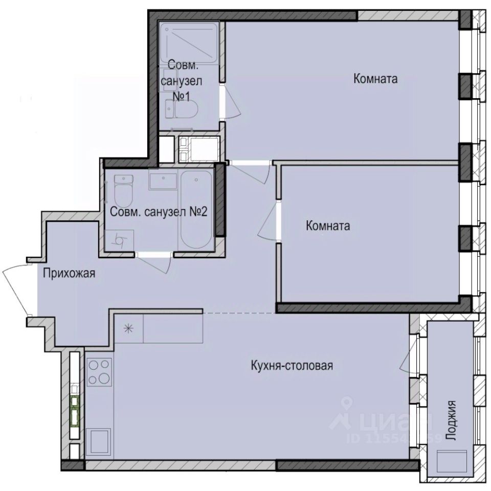 2-комн.кв., 60,7 м², 7/23 этаж
