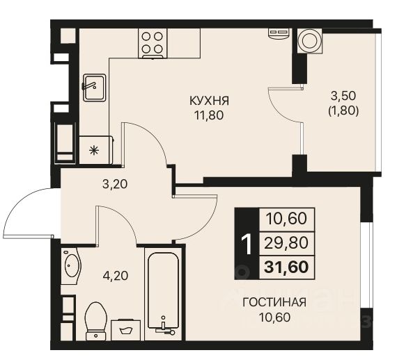 1-комн.кв., 31,6 м², 9/12 этаж
