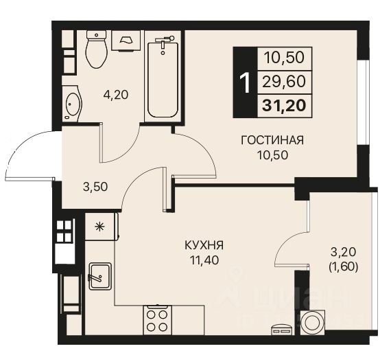 1-комн.кв., 31,2 м², 10/12 этаж