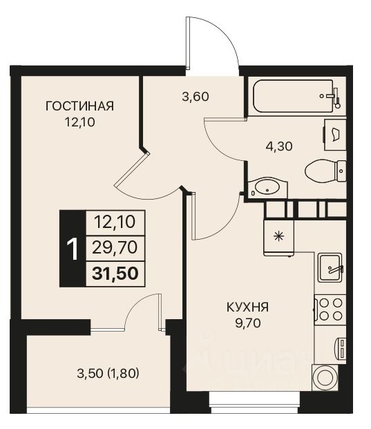 1-комн.кв., 31,5 м², 6/12 этаж