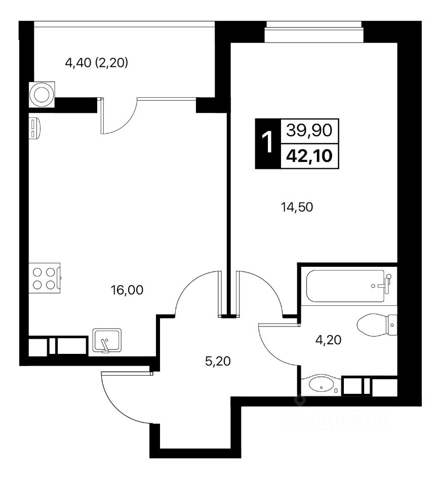 1-комн.кв., 42,1 м², 9/12 этаж