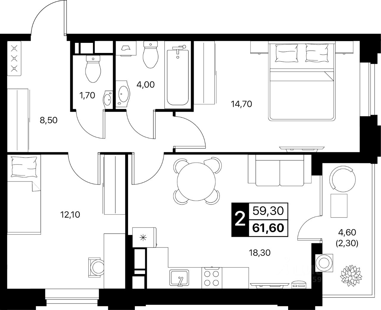 2-комн.кв., 61,6 м², 6/20 этаж