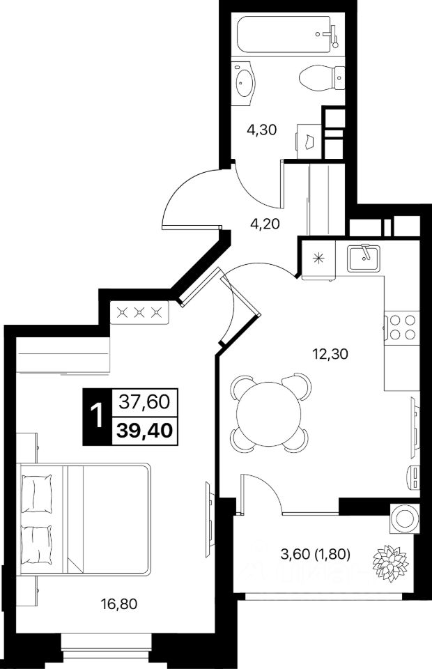 1-комн.кв., 39,4 м², 11/20 этаж