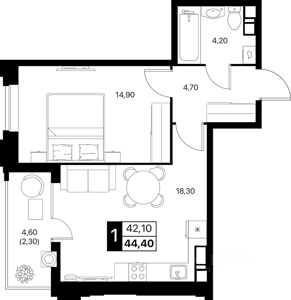 1-комн.кв., 44,4 м², 12/20 этаж