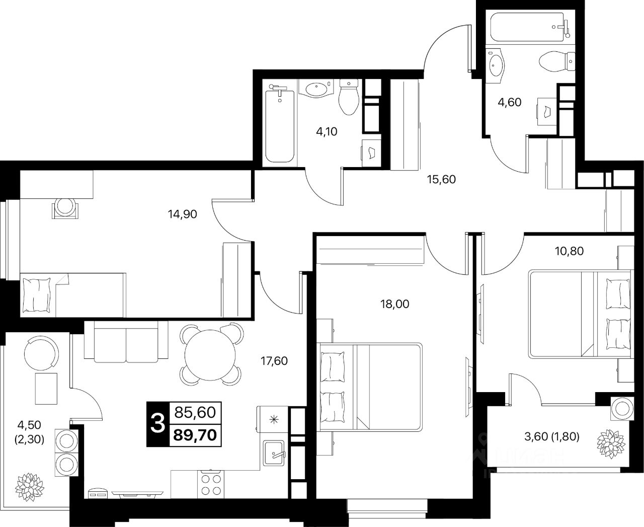 3-комн.кв., 89,7 м², 18/20 этаж