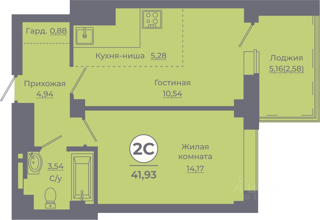 2-комн.кв., 41,2 м², 19/24 этаж