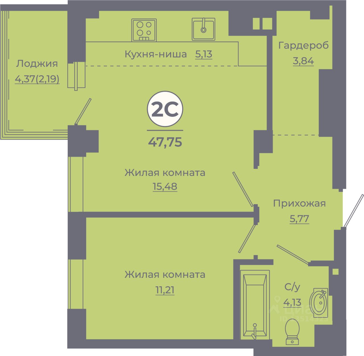 2-комн.кв., 47,1 м², 21/24 этаж