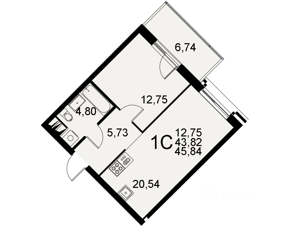 1-комн.кв., 43,8 м², 2/11 этаж
