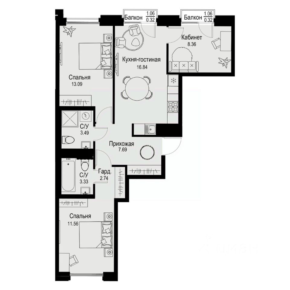 3-комн.кв., 67,7 м², 5/6 этаж