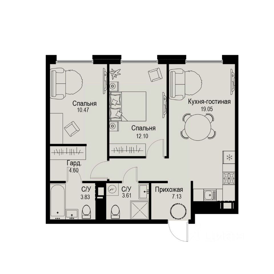 2-комн.кв., 60,8 м², 4/6 этаж