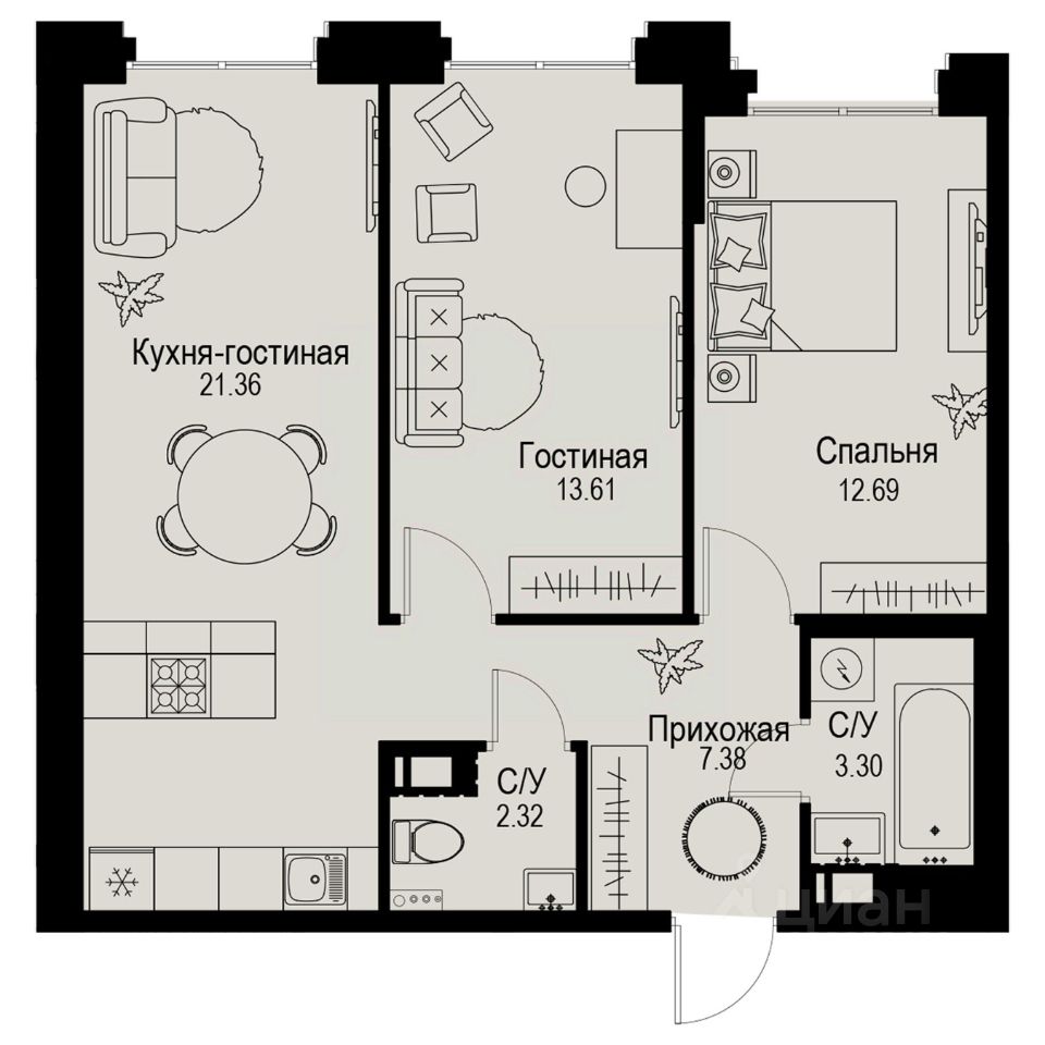 2-комн.кв., 60,7 м², 4/6 этаж