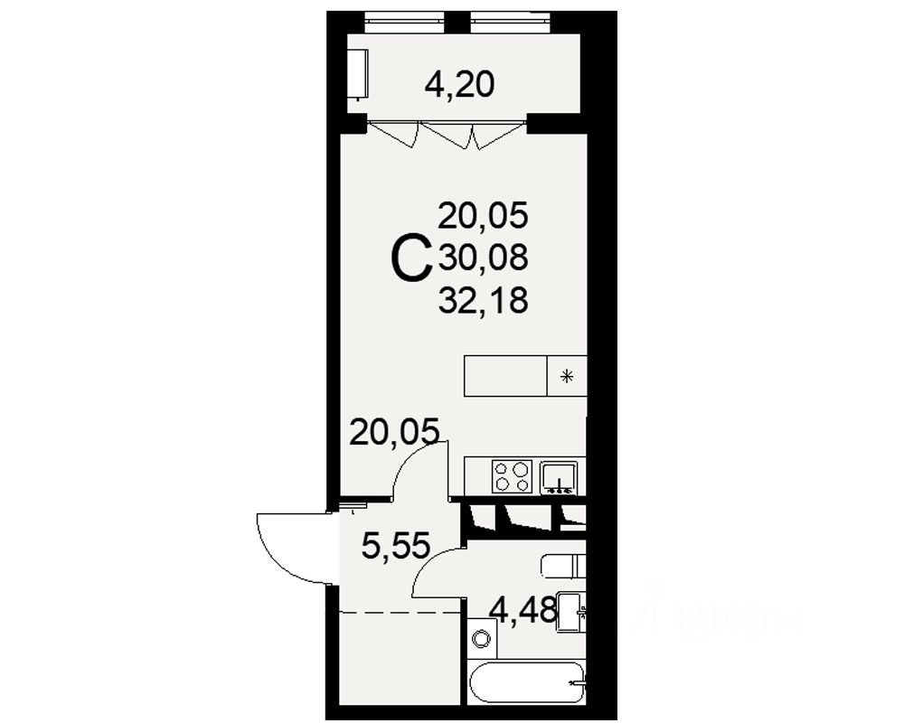1-комн.кв., 32,2 м², 4/16 этаж