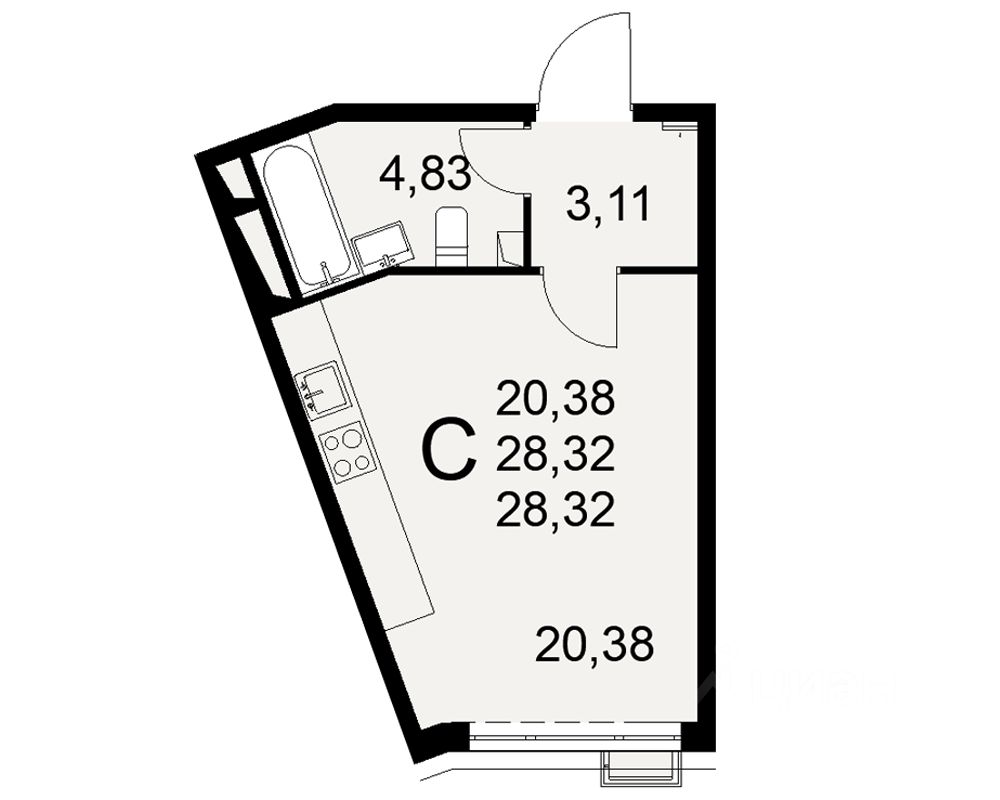 1-комн.кв., 28,3 м², 14/16 этаж