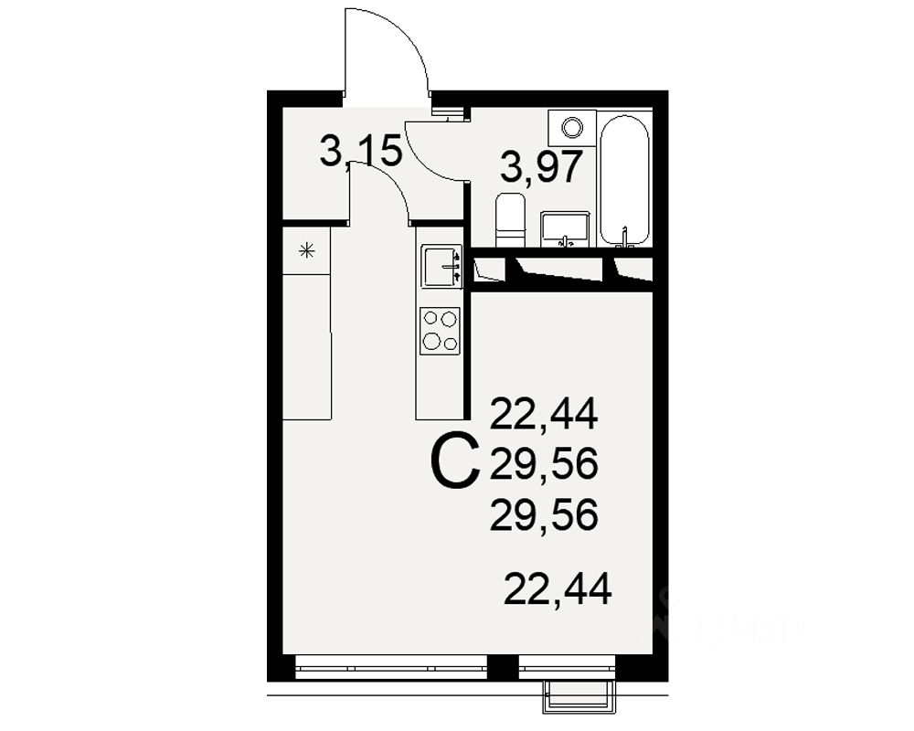 1-комн.кв., 29,6 м², 2/16 этаж
