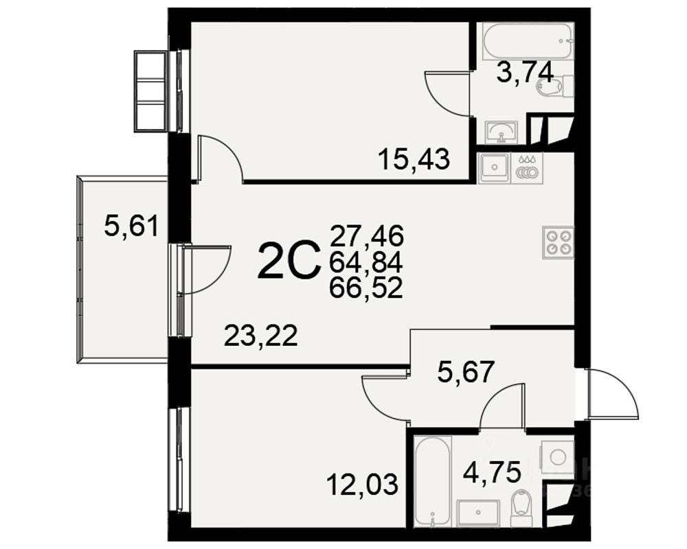 2-комн.кв., 64,8 м², 3/11 этаж