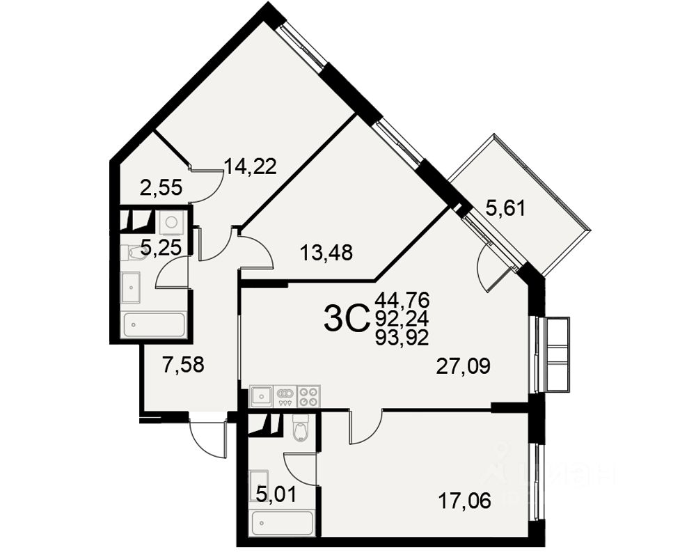 3-комн.кв., 92,2 м², 7/11 этаж