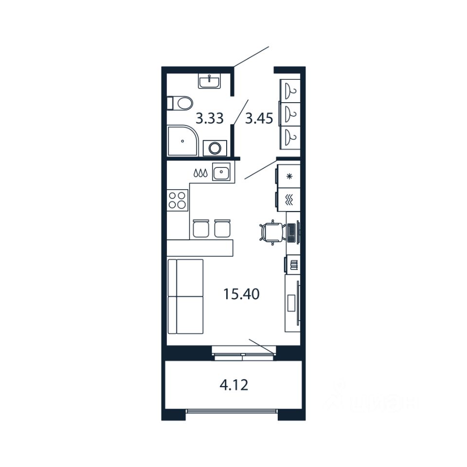 Студия, 21,9 м², 9/12 этаж
