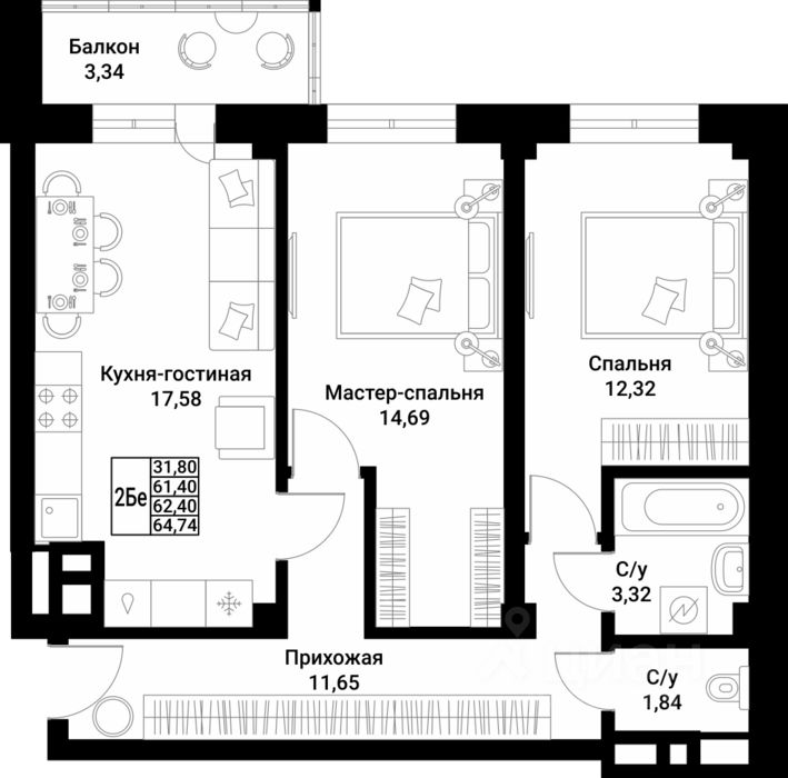 2-комн.кв., 62,4 м², 6/10 этаж
