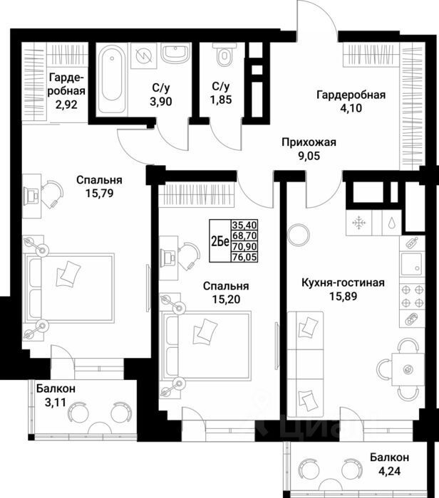 2-комн.кв., 70,9 м², 2/10 этаж