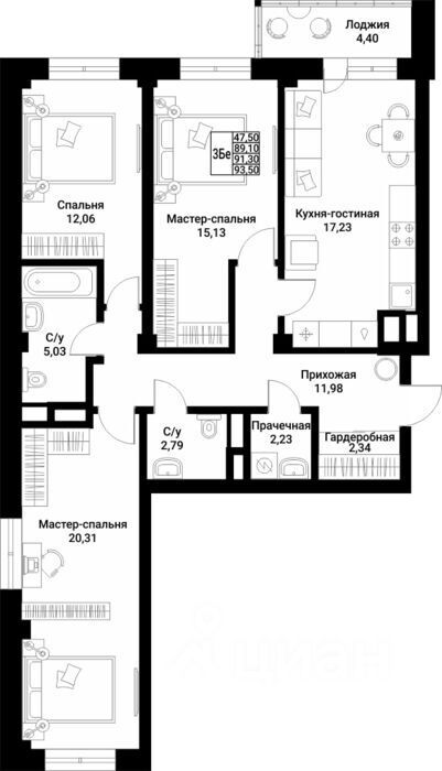 3-комн.кв., 91,3 м², 3/10 этаж