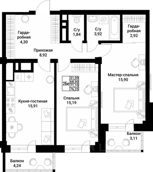2-комн.кв., 71,1 м², 4/10 этаж