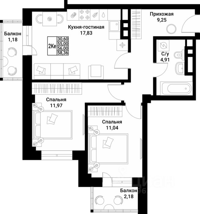 2-комн.кв., 56 м², 9/10 этаж