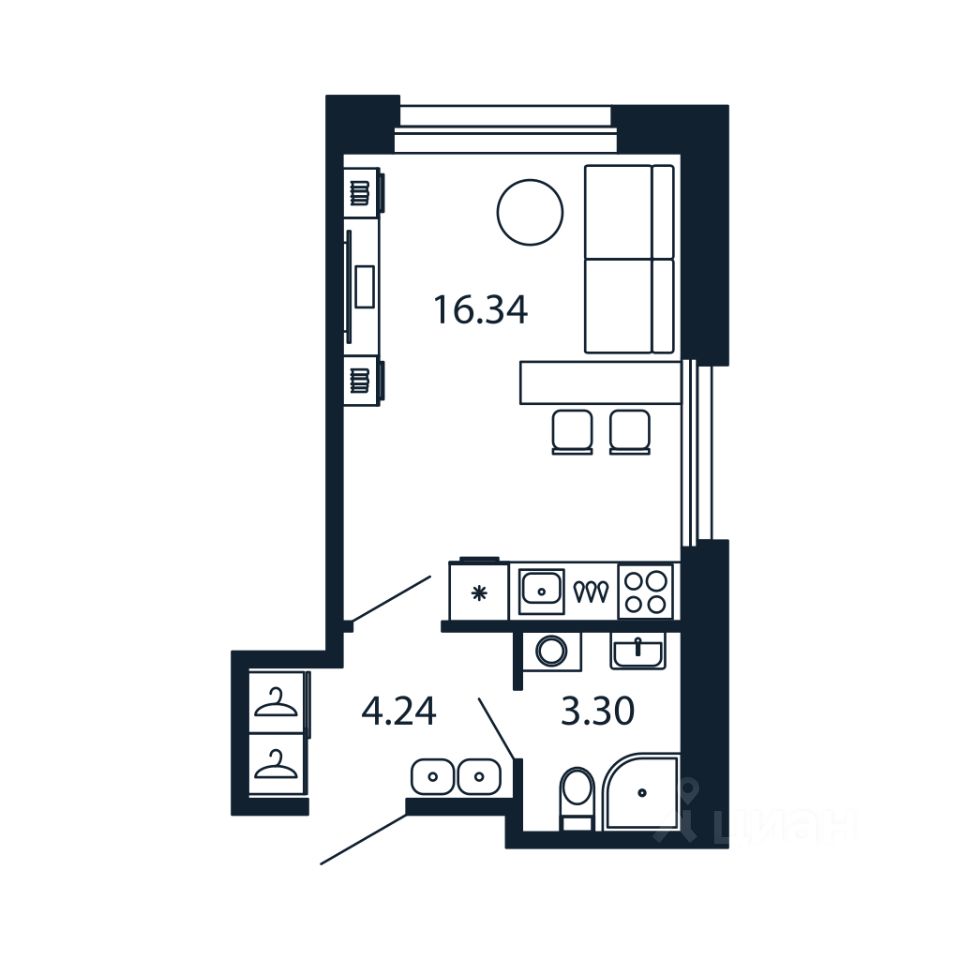 Студия, 23,7 м², 2/12 этаж
