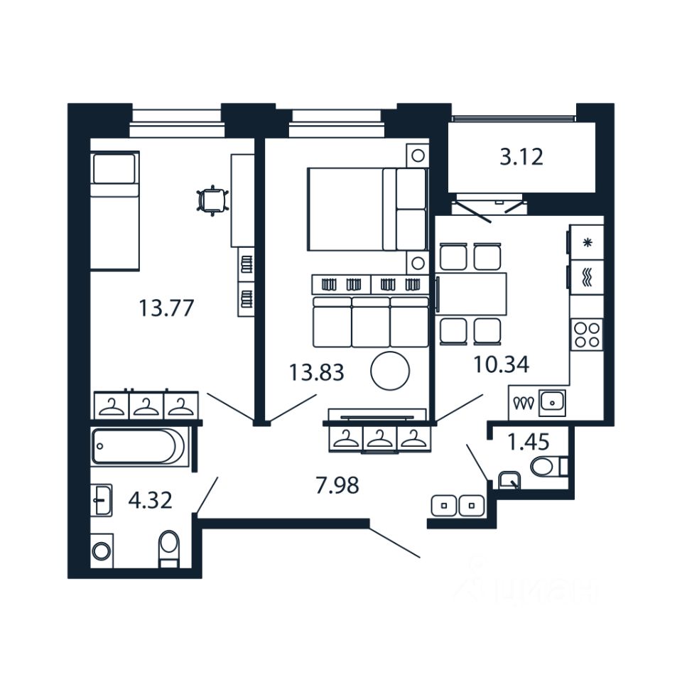 2-комн.кв., 51,4 м², 9/12 этаж