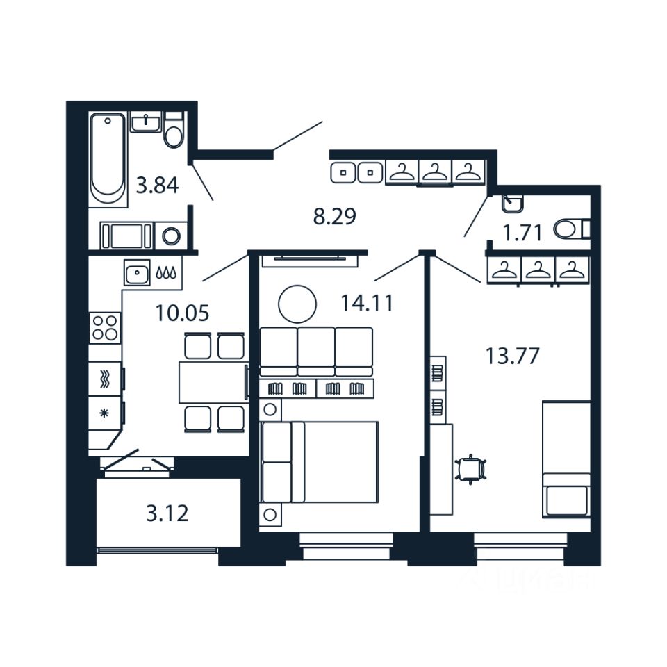 2-комн.кв., 51,3 м², 10/12 этаж