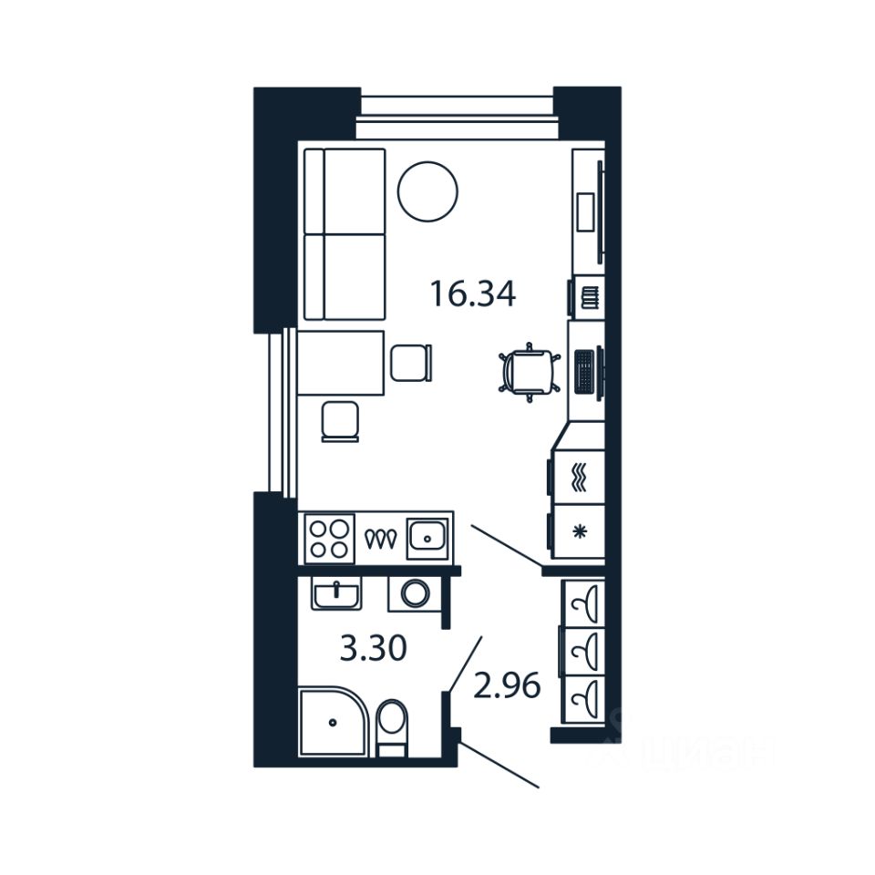 Студия, 22,3 м², 2/12 этаж