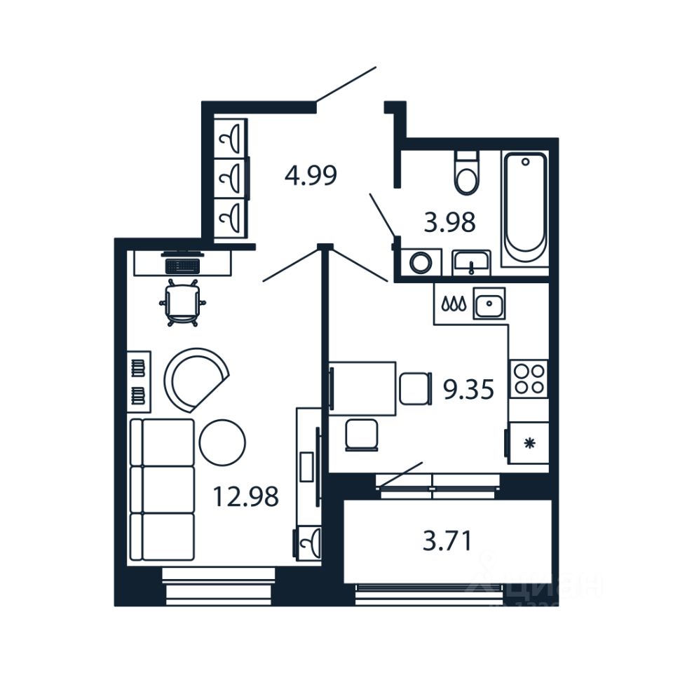 1-комн.кв., 31 м², 4/12 этаж