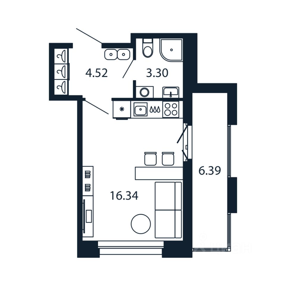Студия, 24 м², 5/12 этаж