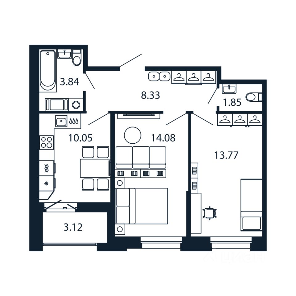 2-комн.кв., 51,7 м², 10/12 этаж