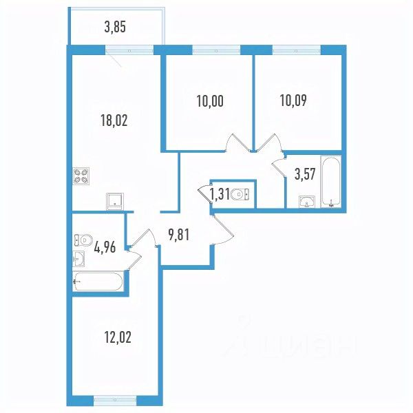 3-комн.кв., 70,9 м², 2/12 этаж