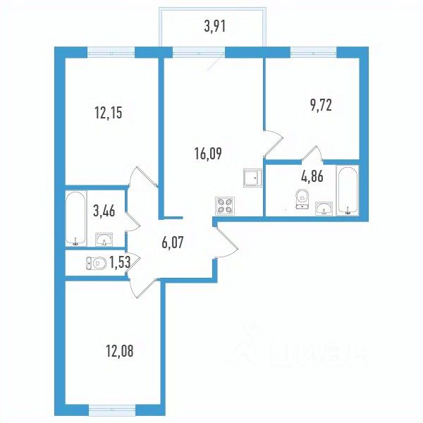 3-комн.кв., 67,1 м², 3/12 этаж