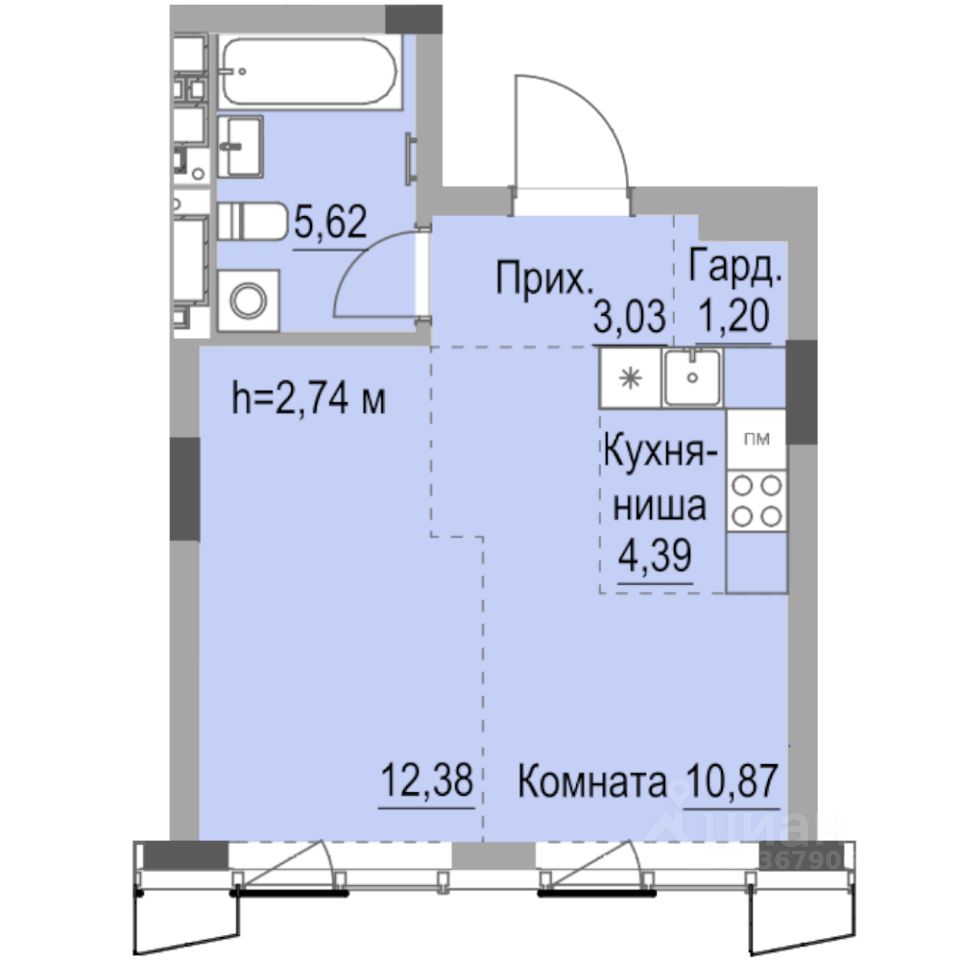 Студия, 38,5 м², 10/23 этаж