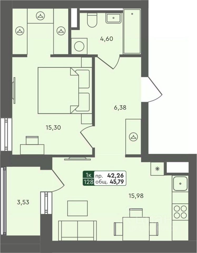 1-комн.кв., 45,8 м², 1/7 этаж
