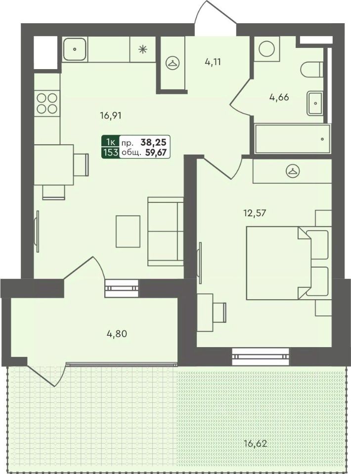 1-комн.кв., 59,7 м², 1/7 этаж