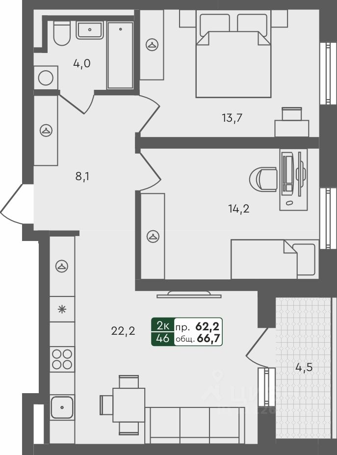 2-комн.кв., 66,7 м², 4/4 этаж