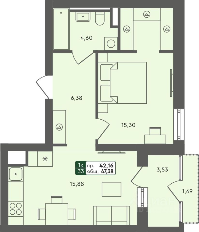 1-комн.кв., 47,4 м², 3/7 этаж
