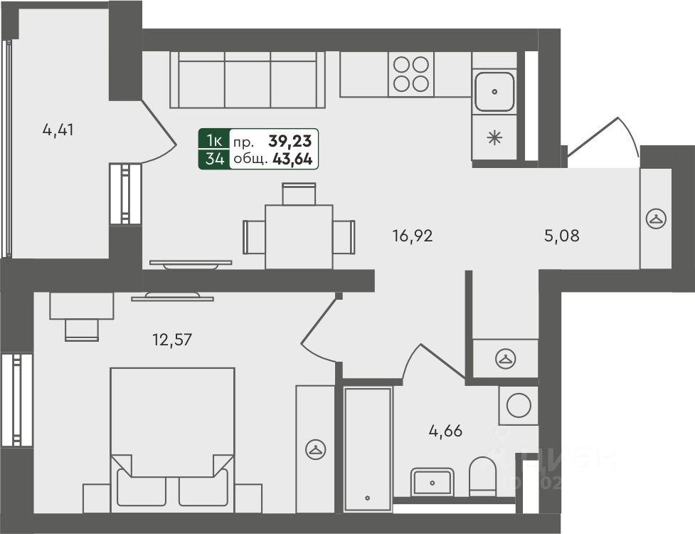 1-комн.кв., 43,6 м², 6/7 этаж